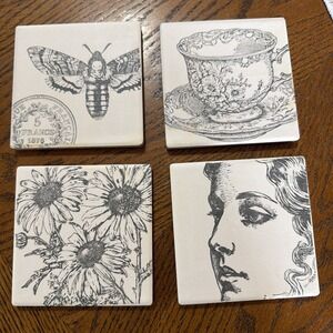 Set Of 4 Stone Floral Stone Coasters Victorian Edwardian Eras 4"x4" New WOB